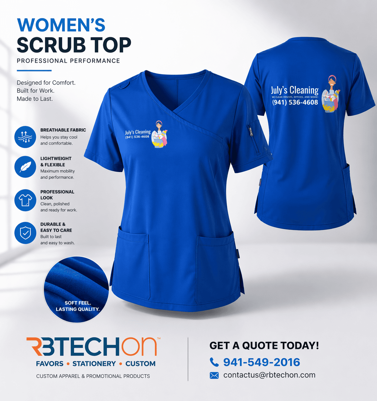 Women's scrub top marketing flyer royal blue Juh's Cleaning RBTechon