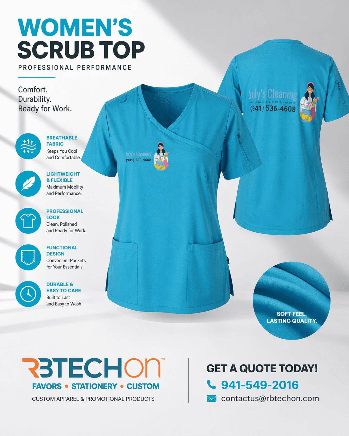 Teal custom women's scrub top with logo Juh's Cleaning
