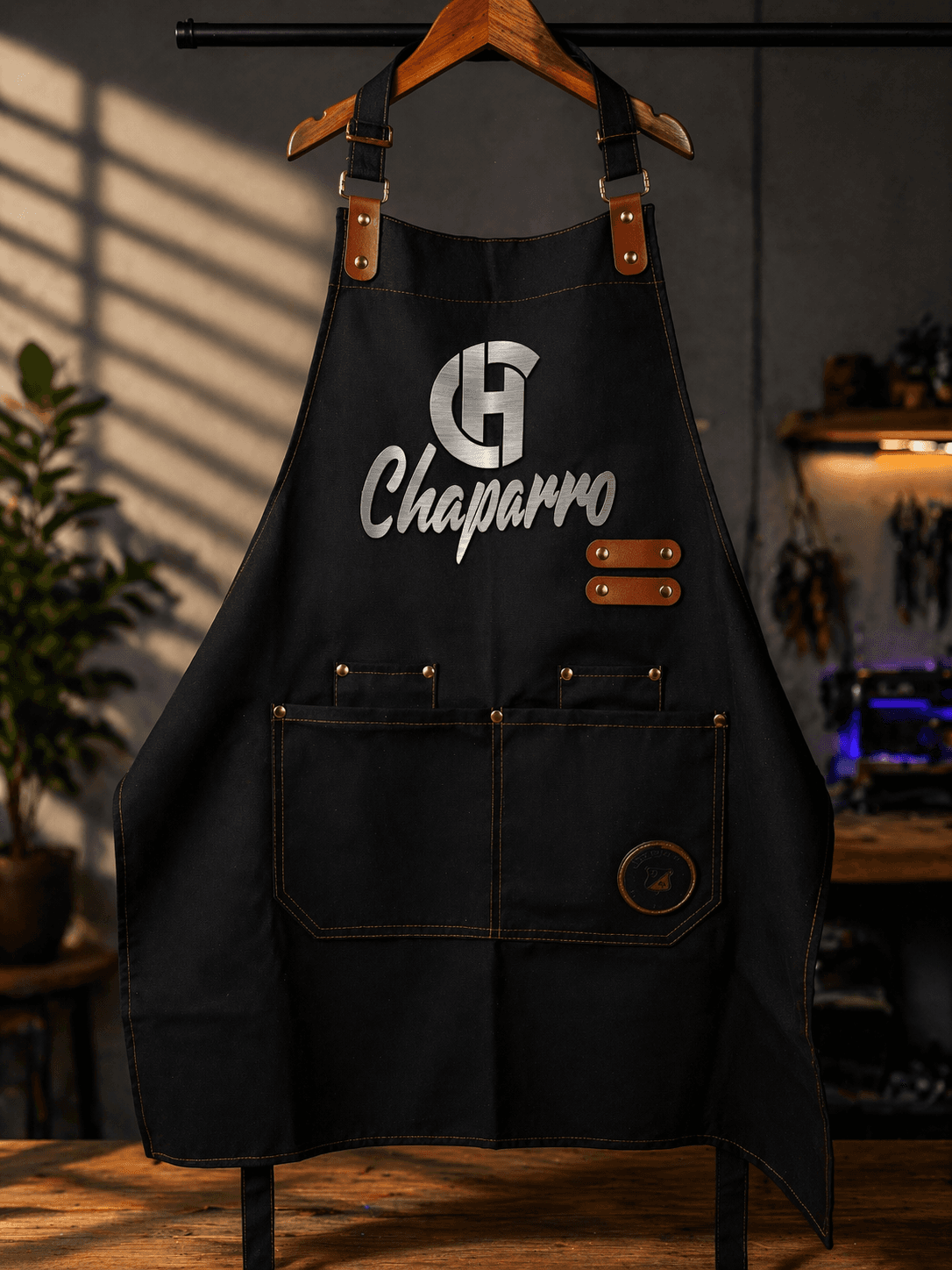 Custom branded apron with Chaparro logo laser engraved