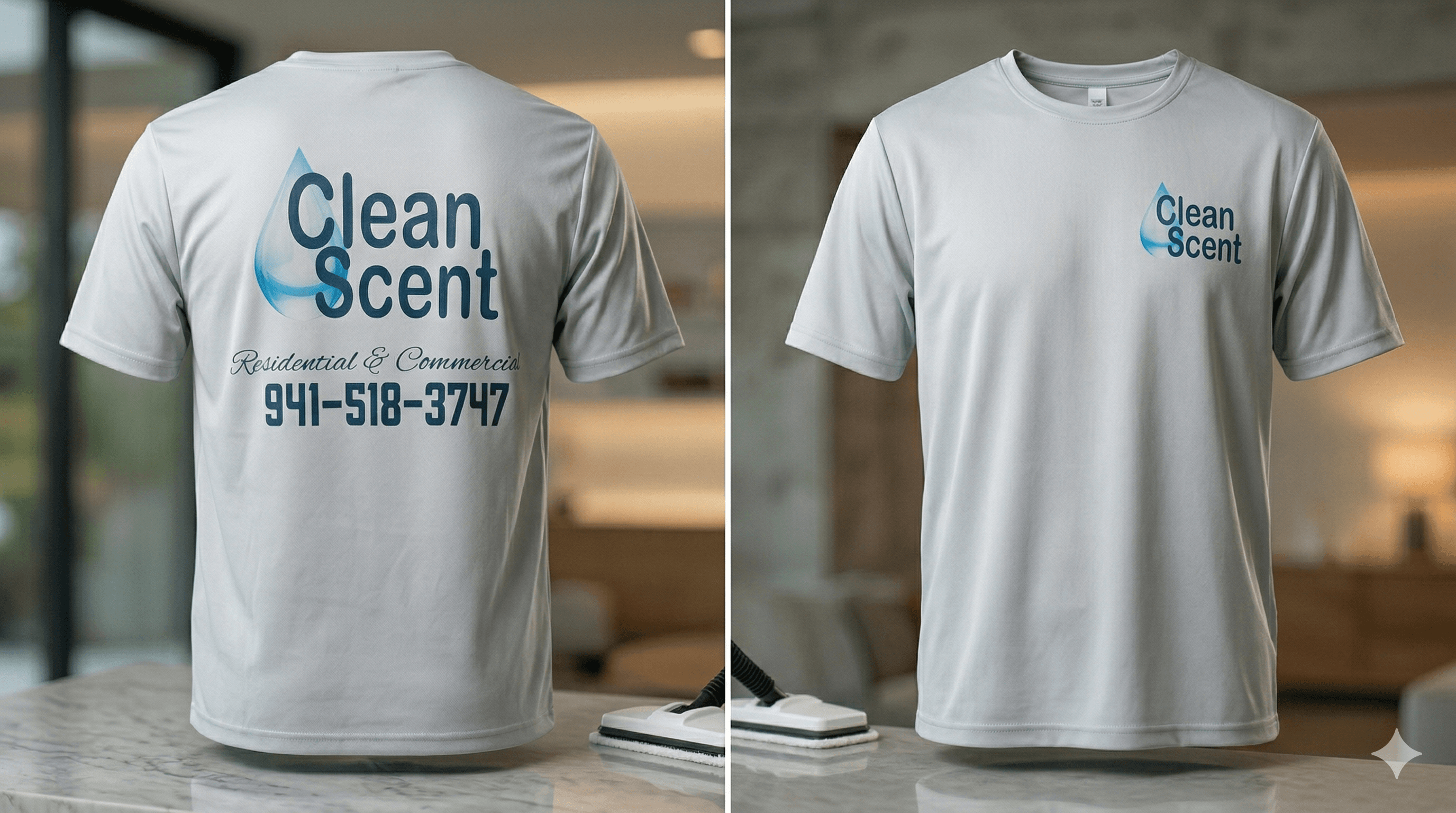 Custom printed performance t-shirt for Clean Scent cleaning company