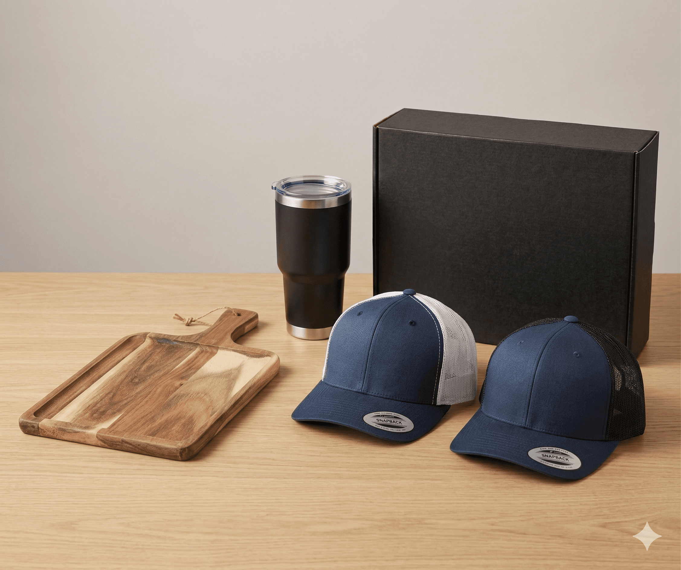 Corporate gift kit with hats, tumbler and cutting board