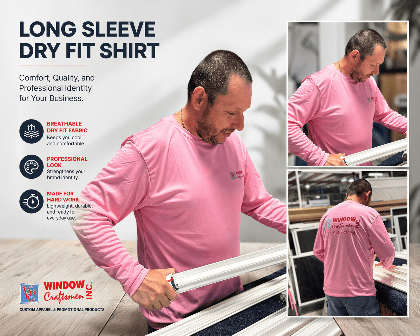 Window Craftsmen team wearing custom long sleeve dry fit shirts on job site