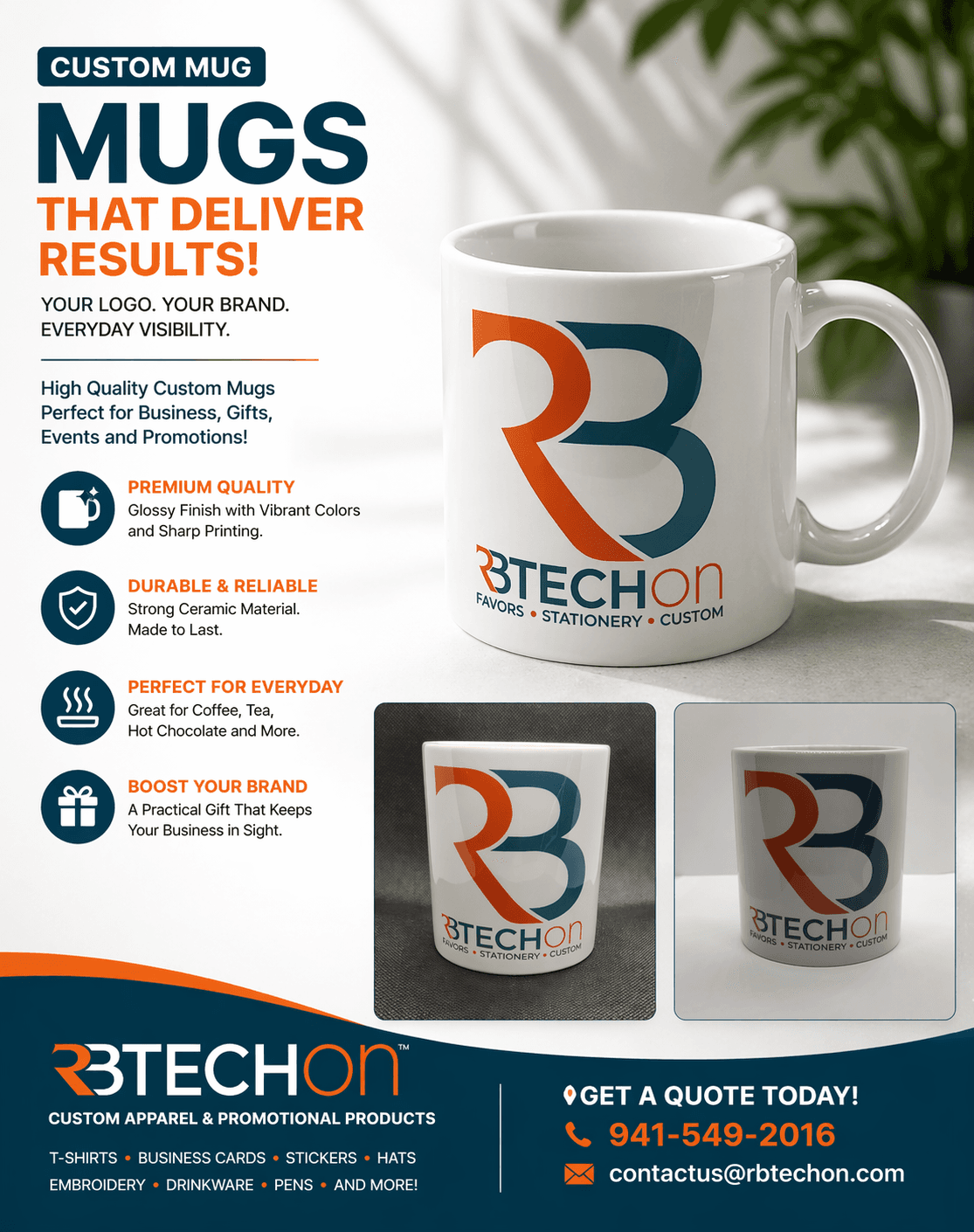 Custom branded mug with RBTechon logo — full color sublimation