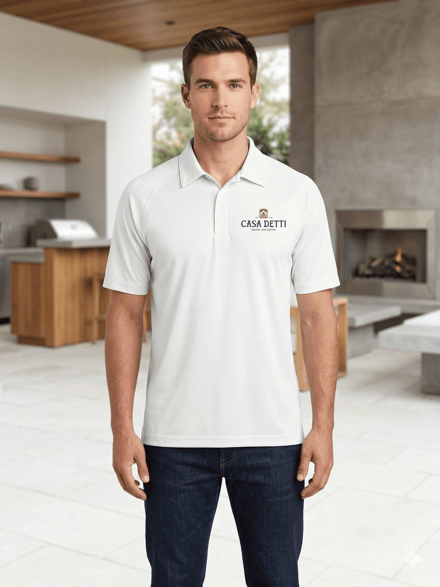 Man wearing custom polo shirt with Casa Detti logo