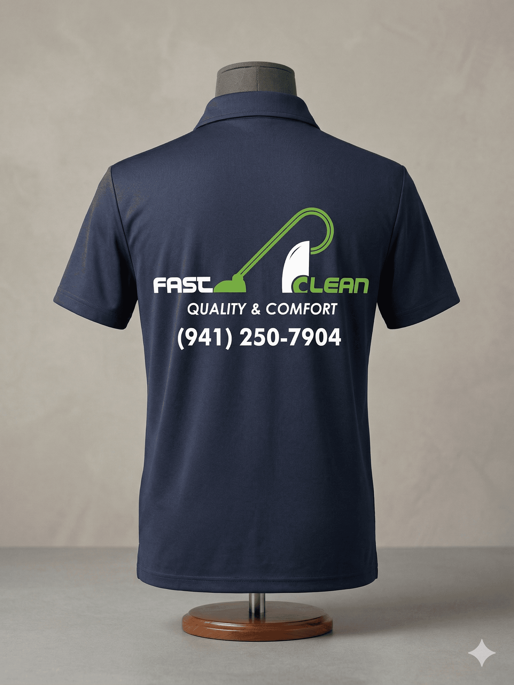 Custom polo shirt with Fast Clean logo and phone number on back