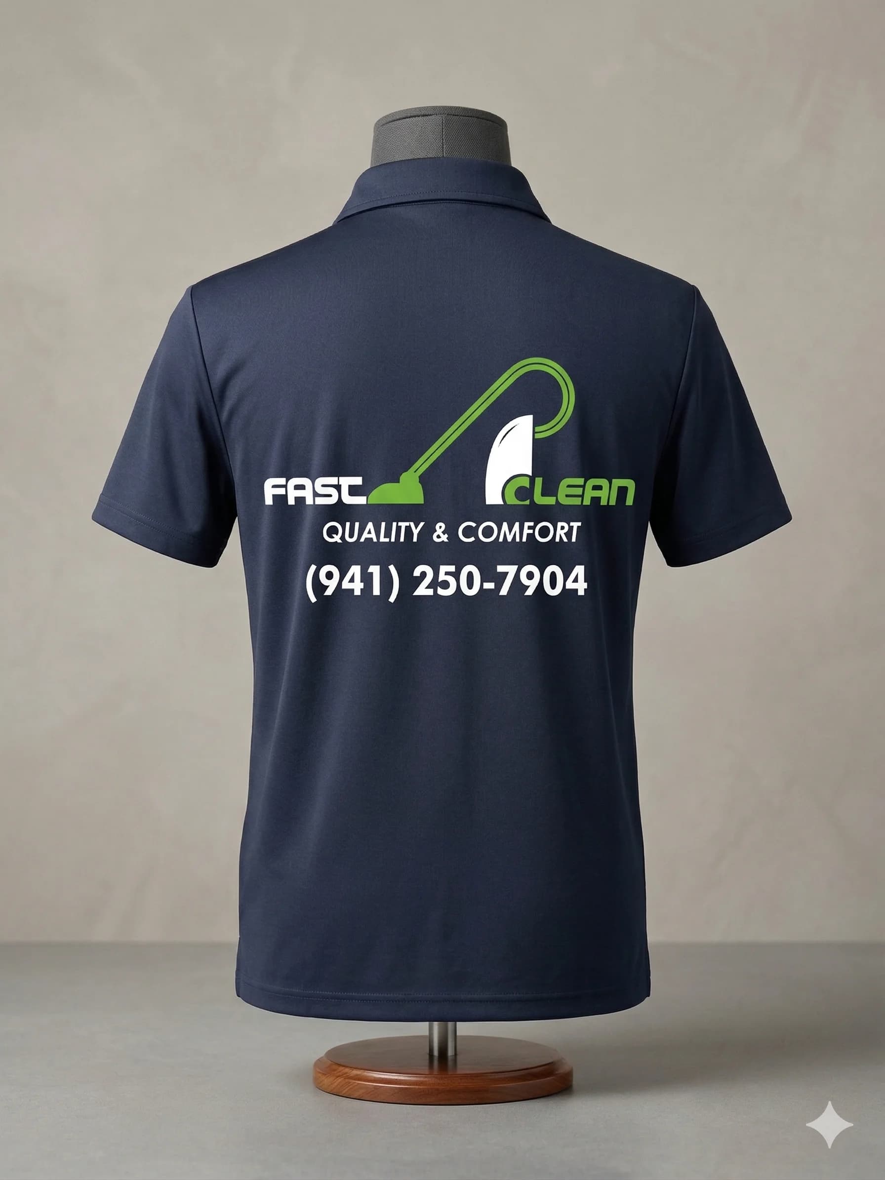 Custom polo shirt with Fast Clean logo and phone number on back