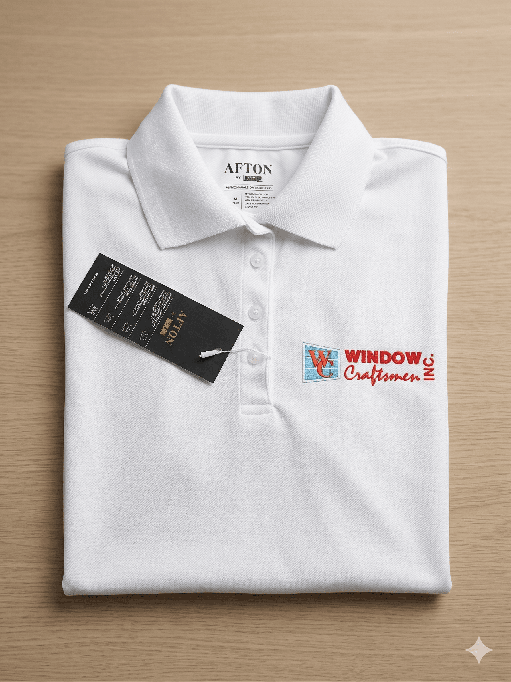 Folded custom polo shirt with Window Craftsmen embroidered logo