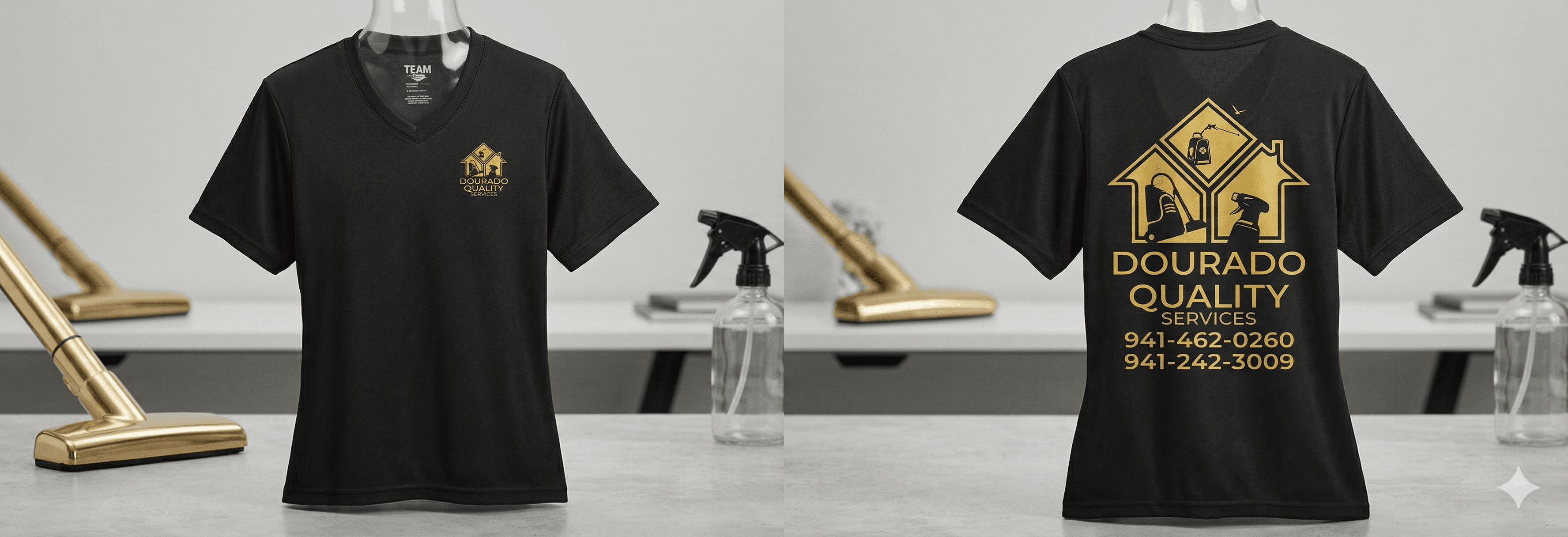 Women's custom t-shirt with Dourado Quality Services logo