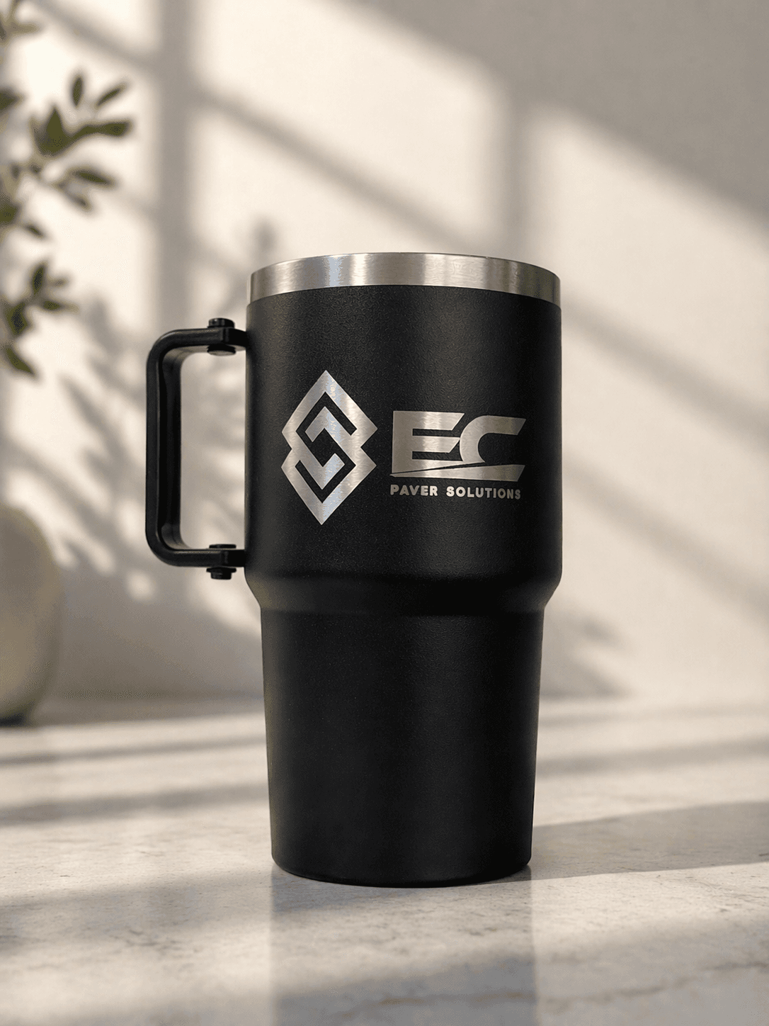 Matte black laser engraved tumbler EC Paver Solutions