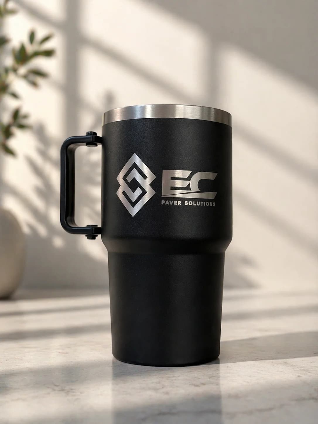 Matte black laser engraved tumbler EC Paver Solutions