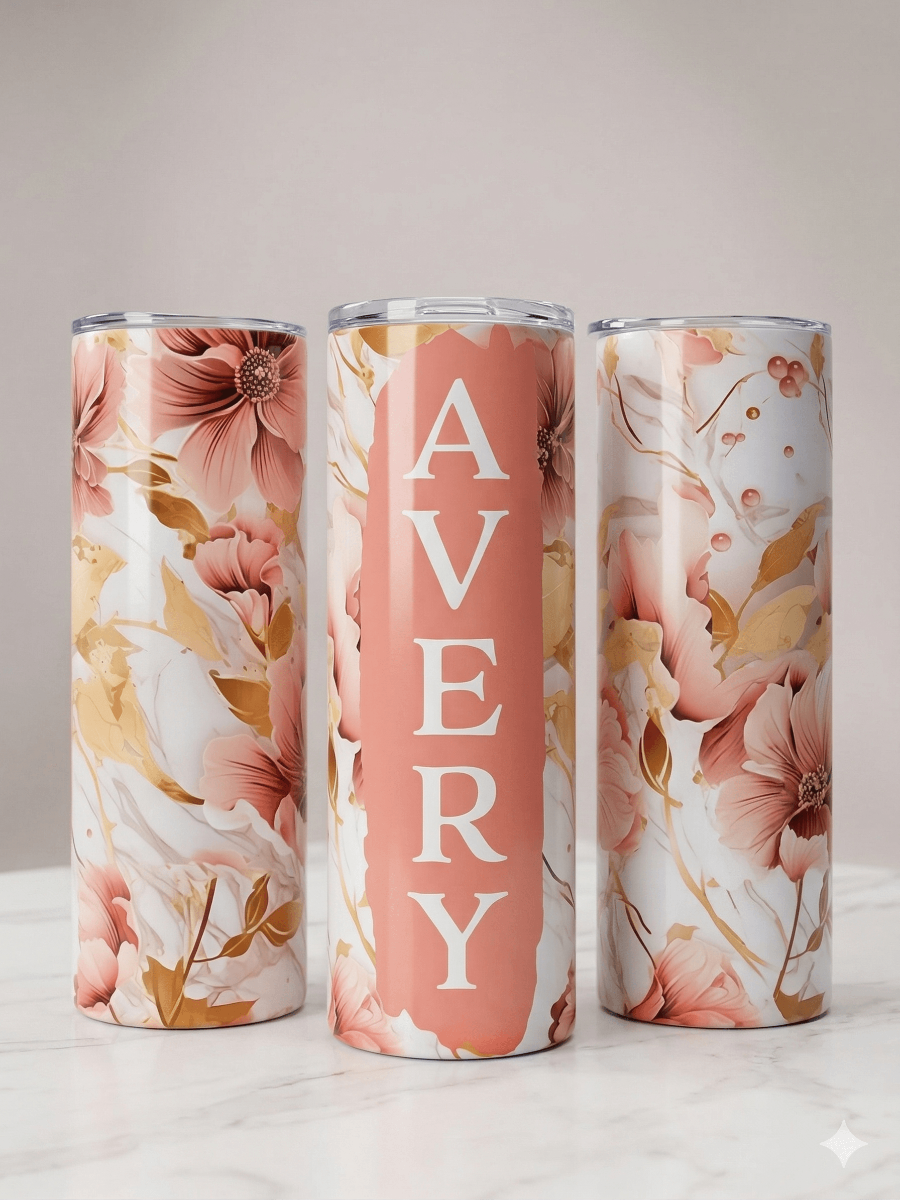 Floral sublimated tumbler with name Avery personalized