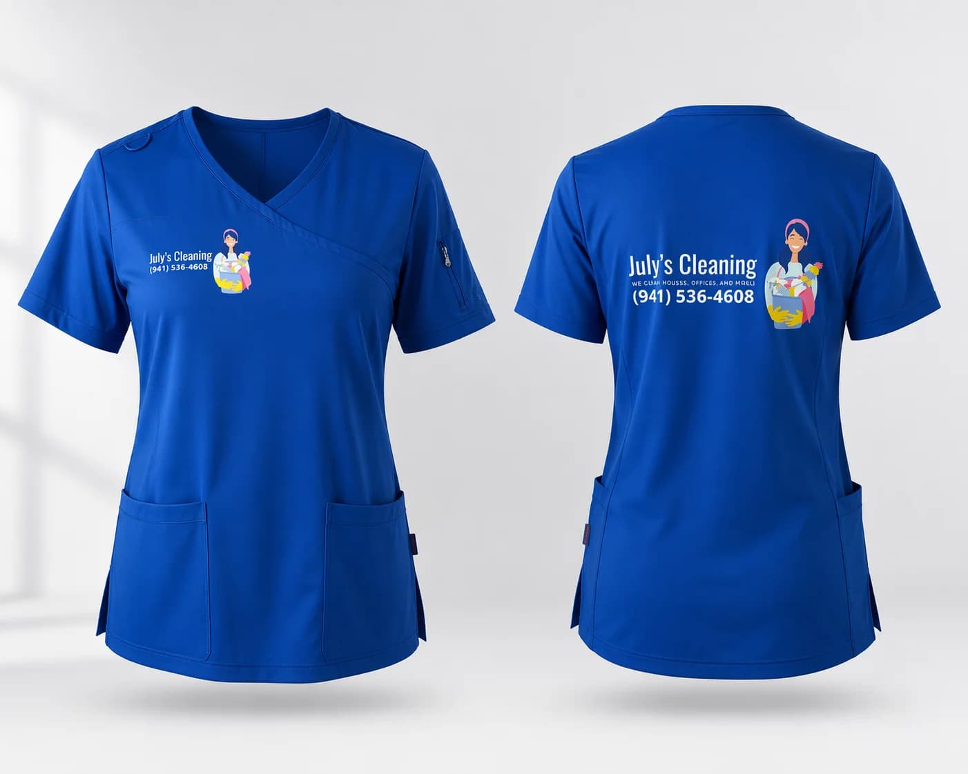 Custom women's scrub top — Juh's Cleaning RBTechon
